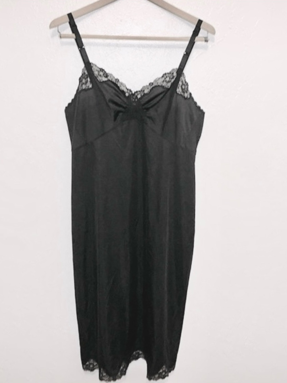 Vintage 70’s Shadowline Nylon Midi Slip Dress Lace Trim Black 42" 38 Tall M - L